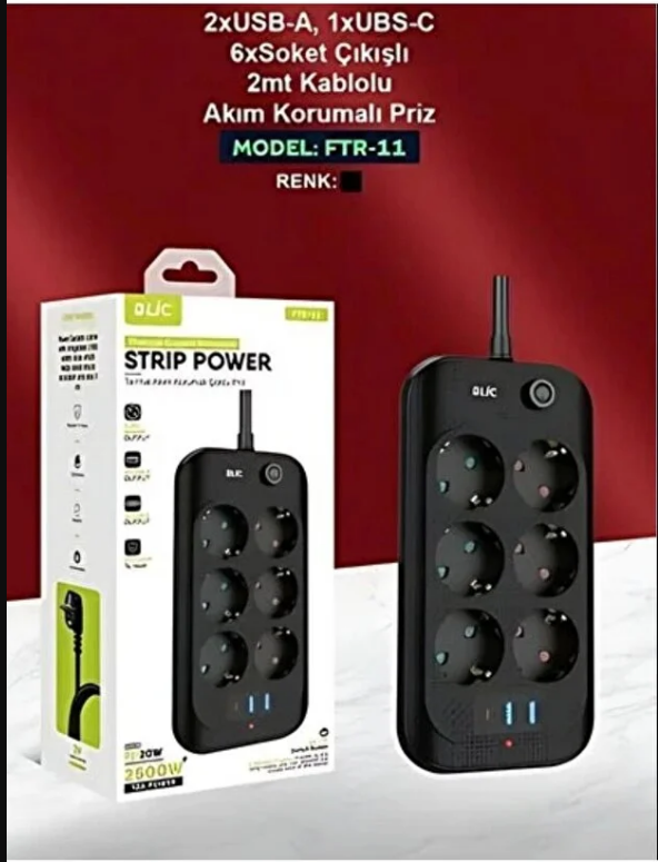 Blic Ftr-11 Termal Akım Korumalı 6 Priz 3 USB Girişli 2 Metre Uzatma Kablolu Priz