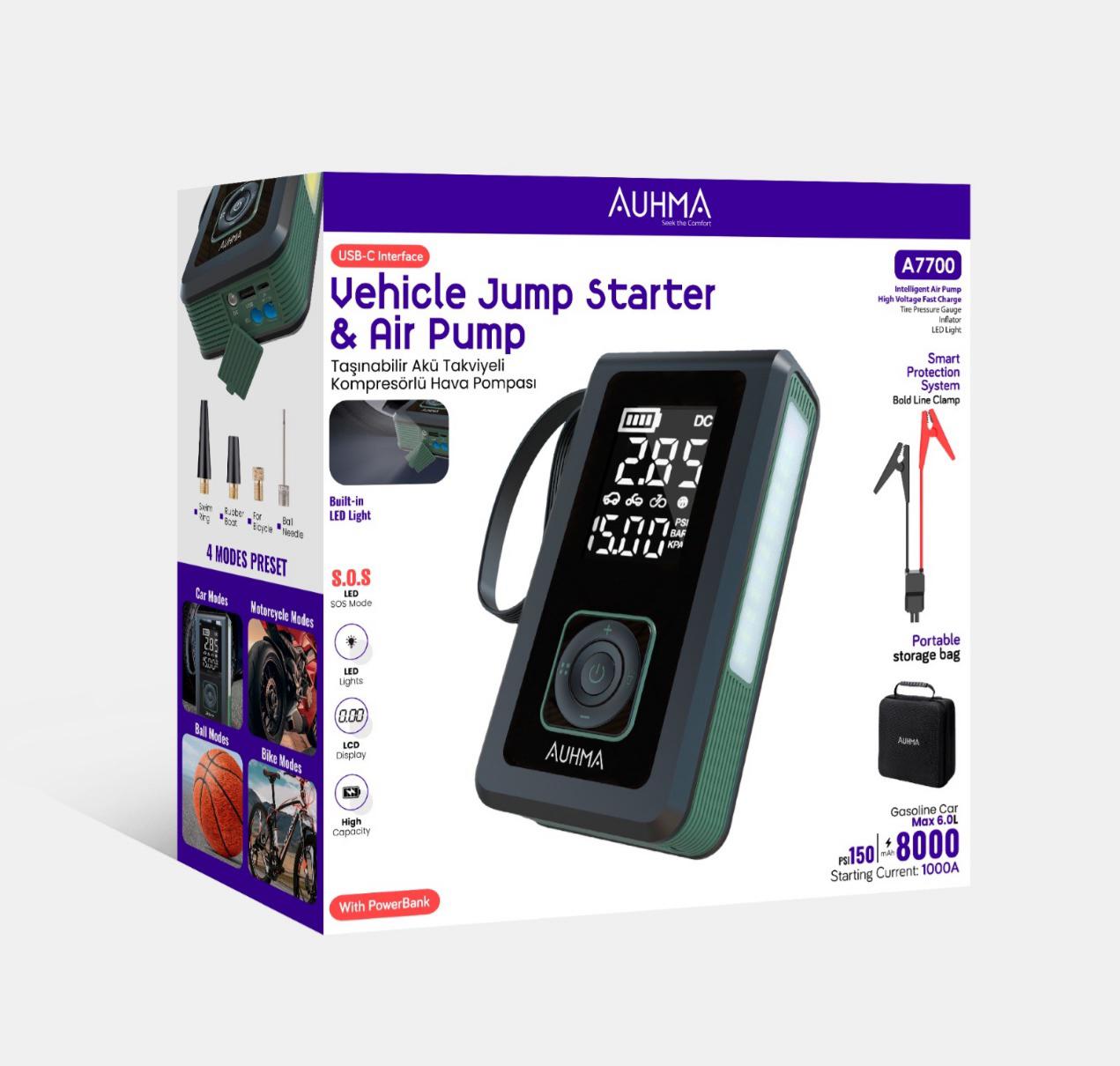 Çantalı 8000mAh 150 PSI Akü Takviyeli Oto Bisiklet Motosiklet Hava Kompresörü Lastik Şişirme Pompası