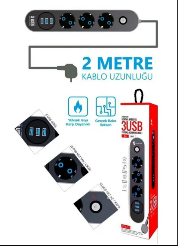 Ftr-01 3 Usb 3 Priz Girişli Termal Akım Korumalı Priz